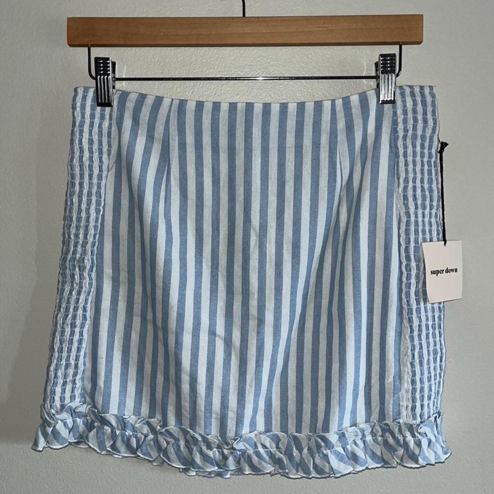 Superdown Blue and White Ruched Pencil Mini Skirt
